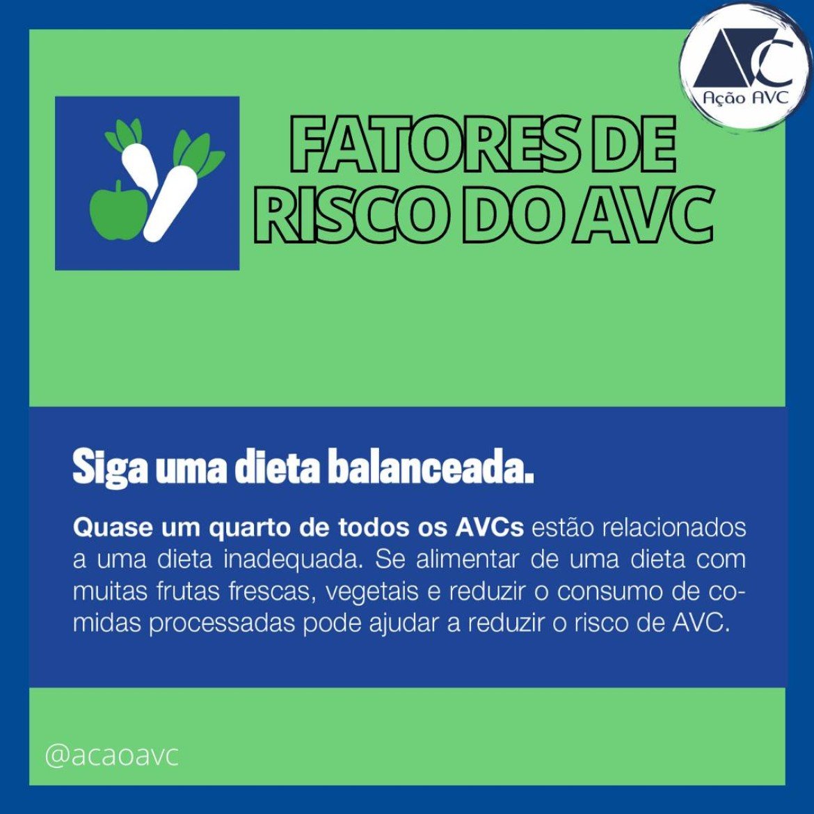 Risco do AVC (Acidente Vascular Cerebral) . Mantenha dieta saudável Dieta equilibrada e saudável reduz o risco de AVC.